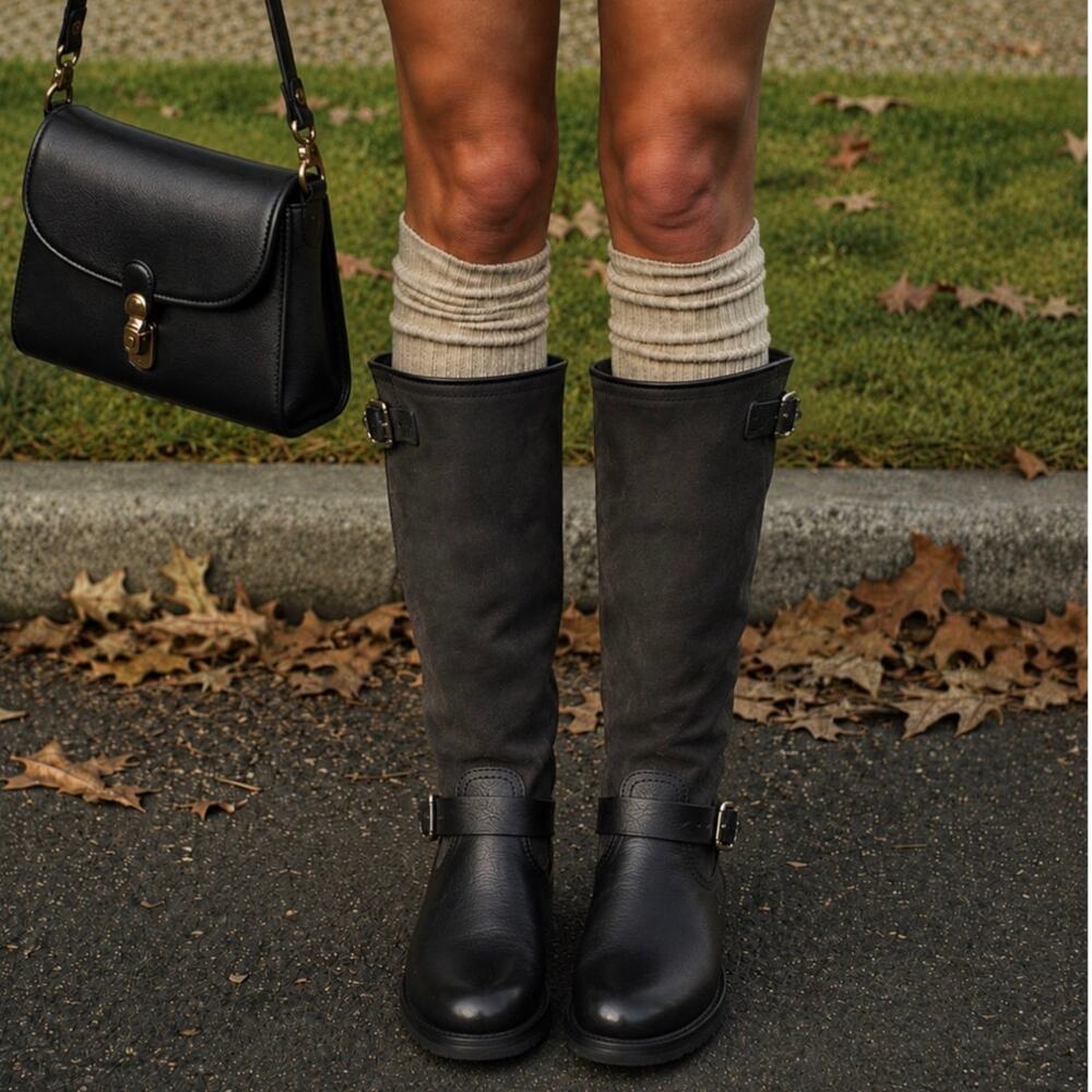 Frye Vintage Veronica Slouch Knee High Two Toned Black Leather Boots Size 8